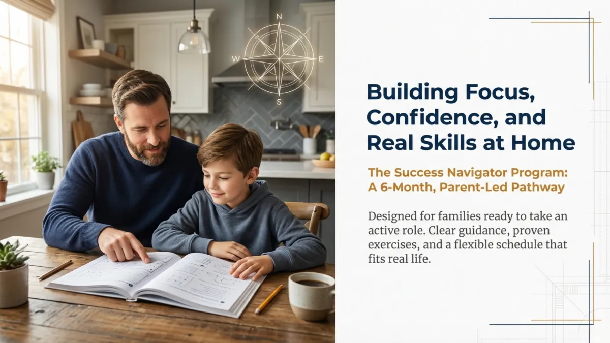 “Building Focus, Confidence, and Real Skills at Home” — “The Success Navigator Program: A 6-Month, Parent-Led Pathway” with clear guidance, proven exercises, and a flexible schedule that fits real life