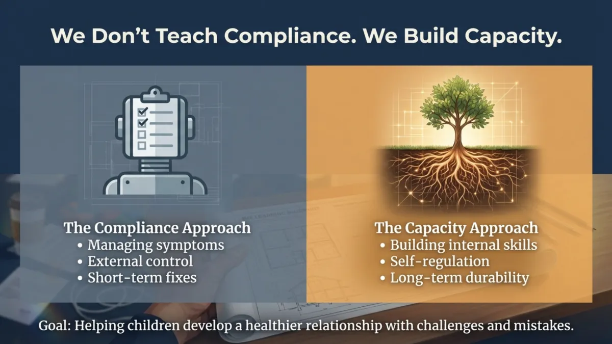 “We Don’t Teach Compliance. We Build Capacity.” — compares the compliance approach (managing symptoms, external control, short-term fixes) vs the capacity approach (building internal skills, self-regulation, long-term durability); tree with roots representing growth; goal: healthier relationship with challenges and mistakes