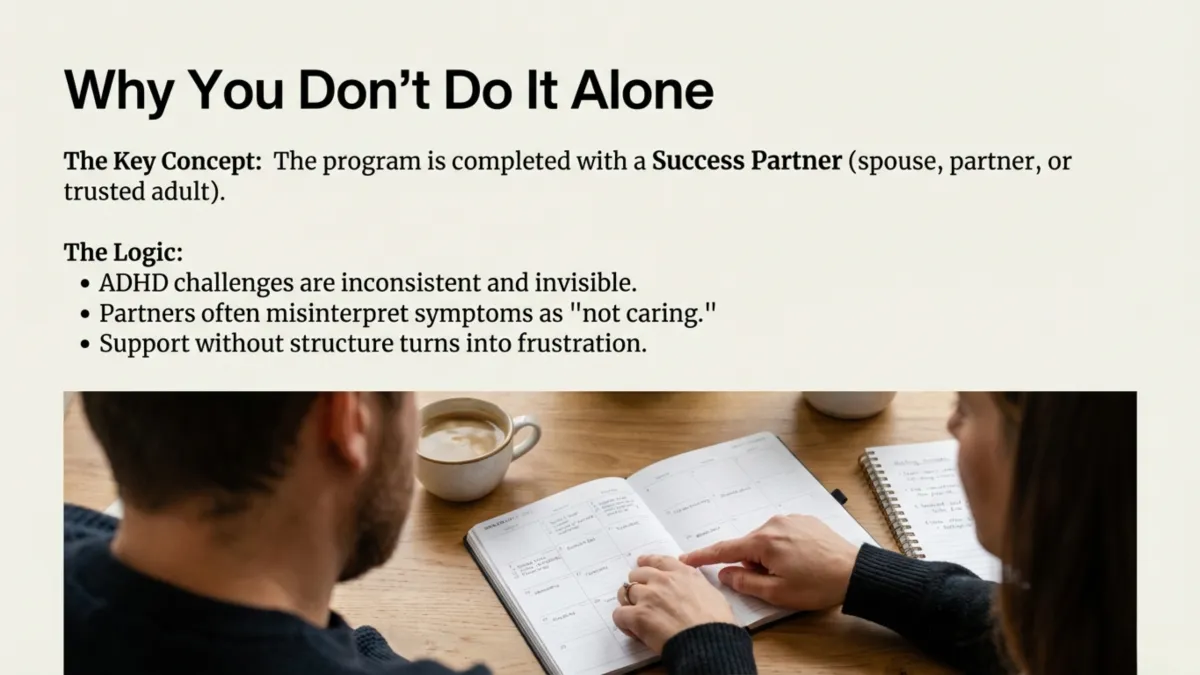 ADHD Success Navigator Adult Program — partner-supported ADHD coaching model where adults train with a spouse or accountability partner for better communication and results.