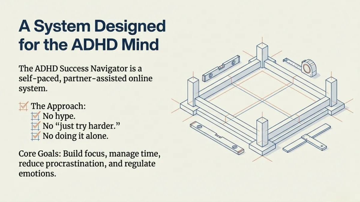 ADHD Success Navigator Adult Program — brain-based training system designed specifically for the ADHD mind to reduce friction and improve sustained focus and task completion.