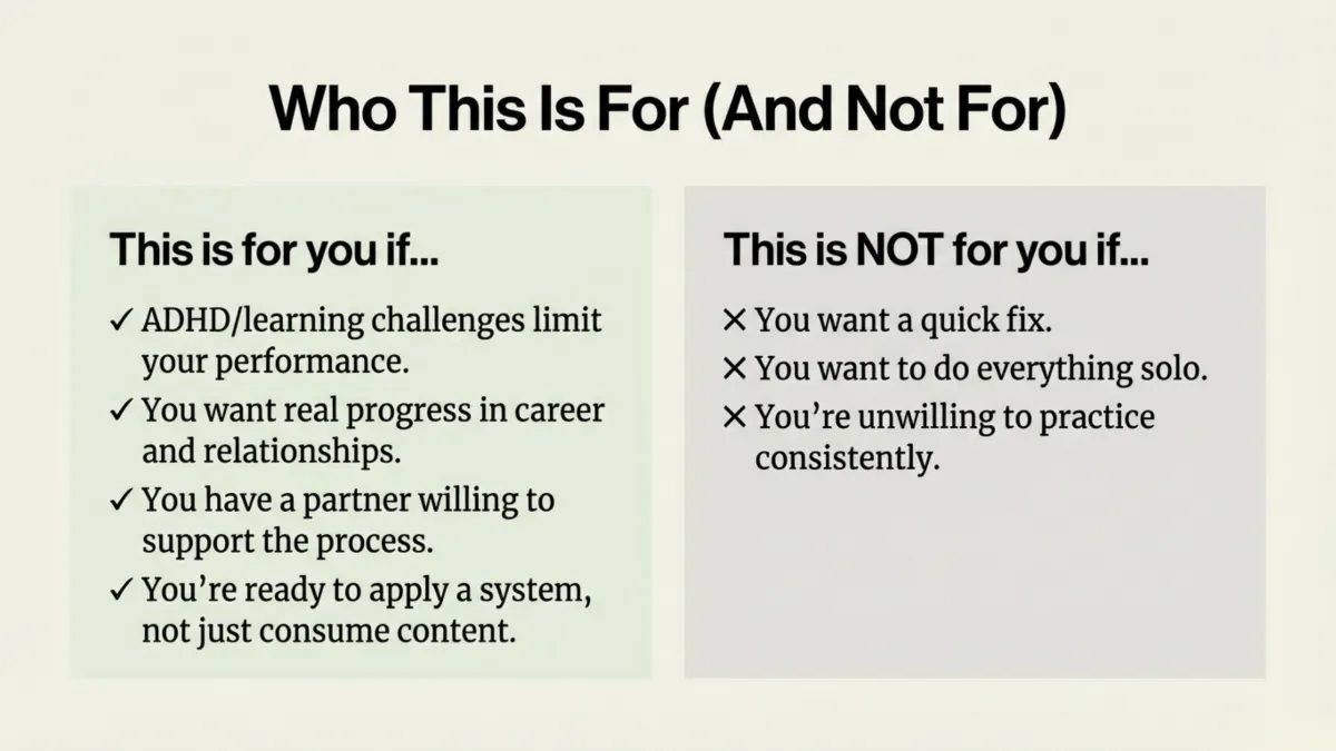 ADHD Success Navigator Adult Program — qualification guide for adults ready to commit to ADHD growth, consistency, and personal responsibility.