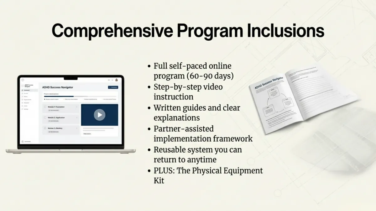 ADHD Success Navigator Adult Program inclusions overview — structured exercises, partner coaching tools, focus training, emotional regulation drills, and performance tracking.