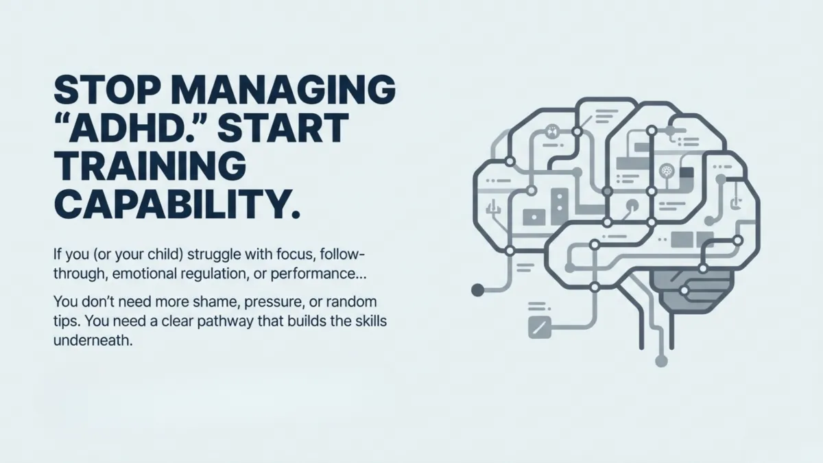 Stop managing “ADHD.” Start training capability — message for adults or kids struggling with focus, follow-through, emotional regulation, or performance — clear pathway that builds the underlying skills; brain circuit illustration