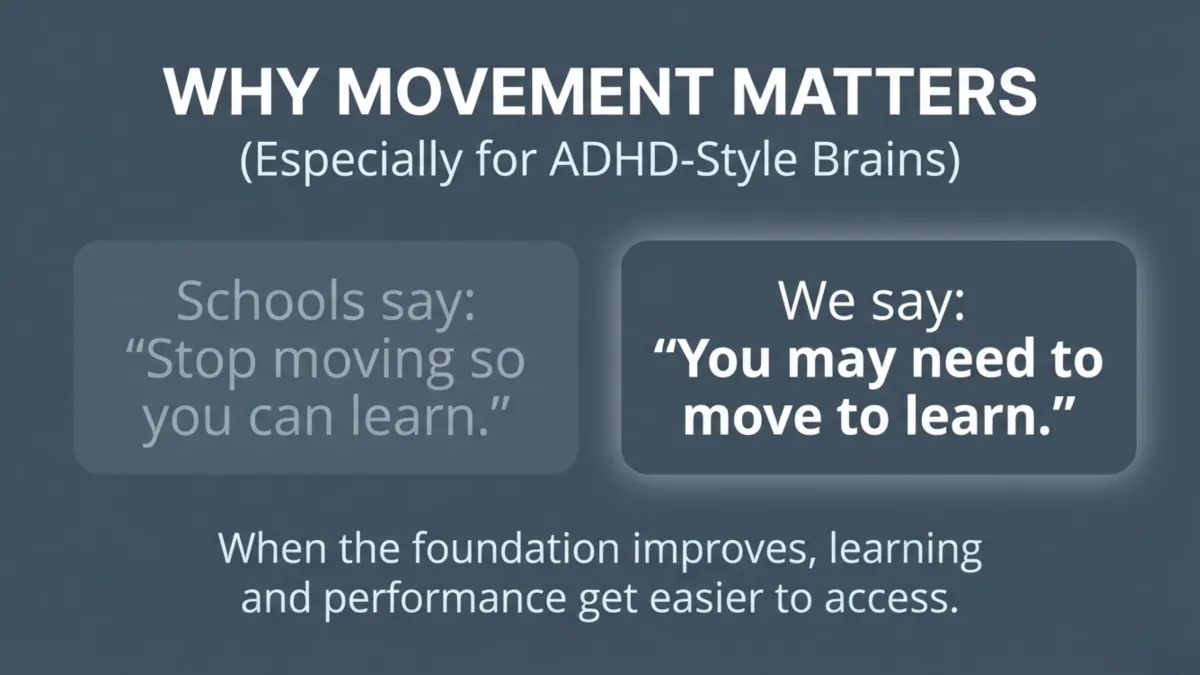 Why movement matters (especially for ADHD-style brains) — schools say “Stop moving so you can learn” — we say “You may need to move to learn” — when the foundation improves, learning and performance get easier to access