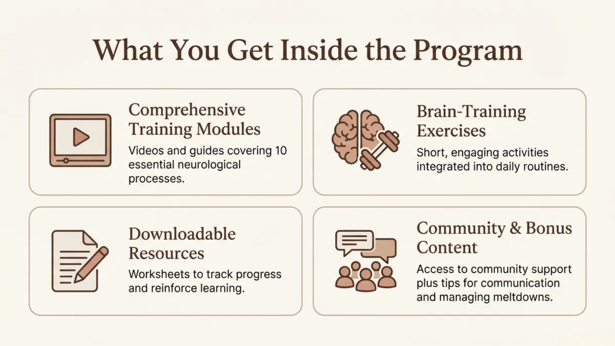 What you get inside the program — comprehensive training modules (videos and guides covering 10 essential neurological processes); brain-training exercises (short engaging activities built into daily routines); downloadable resources (worksheets to track progress and reinforce learning); community and bonus content (support, tips for communication and managing meltdowns)