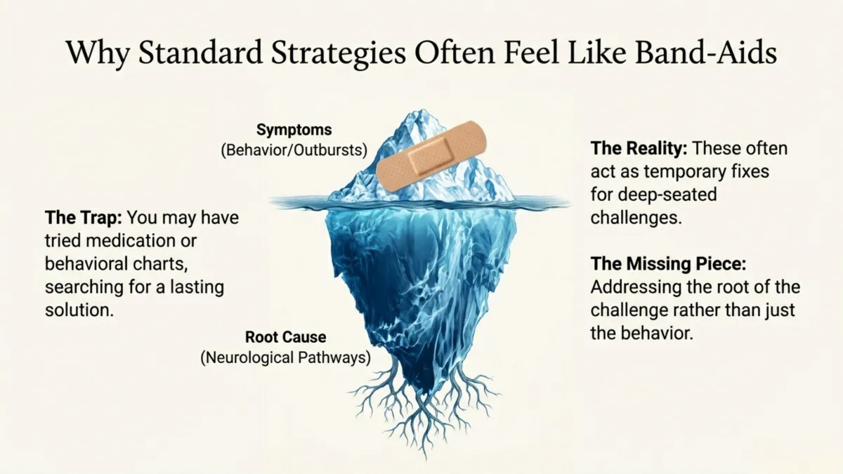 Why standard ADHD strategies often feel like band-aids — iceberg graphic showing symptoms (behavior/outbursts) above the surface and root cause (neurological pathways) below; medication/behavior charts can be temporary fixes; missing piece is addressing the root cause, not just behavior