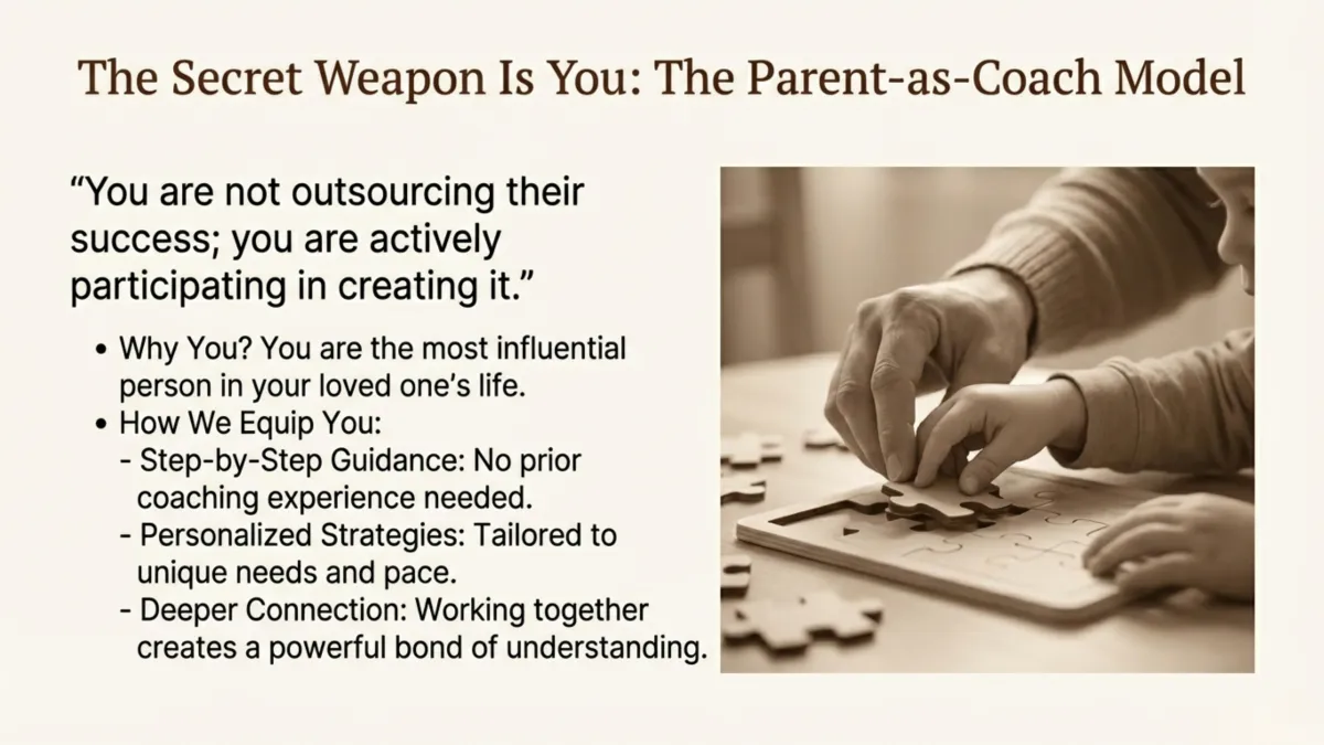 The secret weapon is you: the parent-as-coach model — you are not outsourcing success; you actively participate in creating it; why you matter: most influential person in your loved one’s life; step-by-step guidance with no prior coaching experience; personalized strategies tailored to needs and pace; deeper connection from working together
