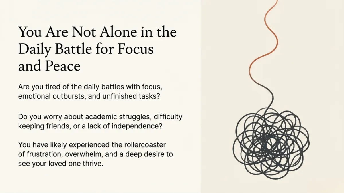 You are not alone in the daily battle for focus and peace — daily struggles with focus, emotional outbursts, unfinished tasks, academic challenges, difficulty keeping friends, and lack of independence; frustration, overwhelm, and desire to see your loved one thrive; ADHD Success Navigator program support