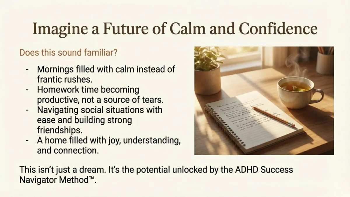 Imagine a future of calm and confidence — mornings with calm instead of frantic rushes; homework time productive instead of tears; navigating social situations with ease and building strong friendships; home filled with joy, understanding, and connection; this is the potential unlocked by the ADHD Success Navigator Method
