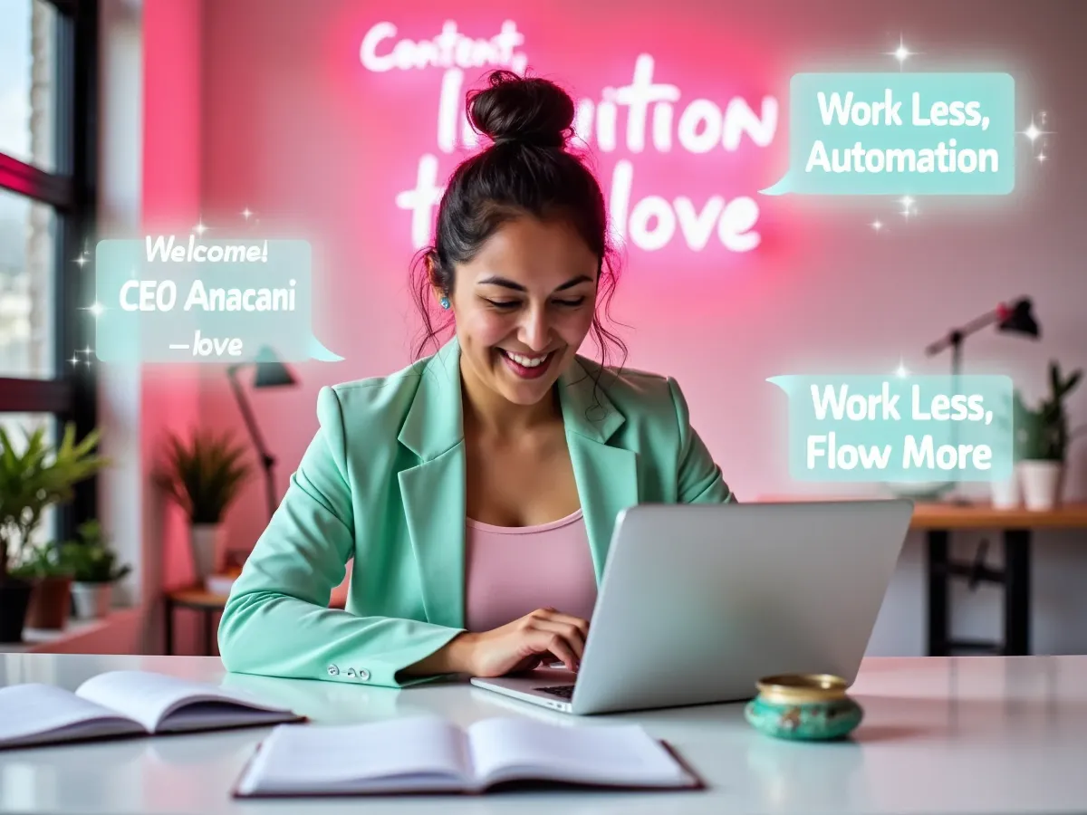 A woman in a mint green dress stands on a rooftop at sunrise, arms raised in celebration, with a city skyline in the background. The scene is uplifting, modern, and feminine, symbolizing transformation and new beginnings for soulful creators.