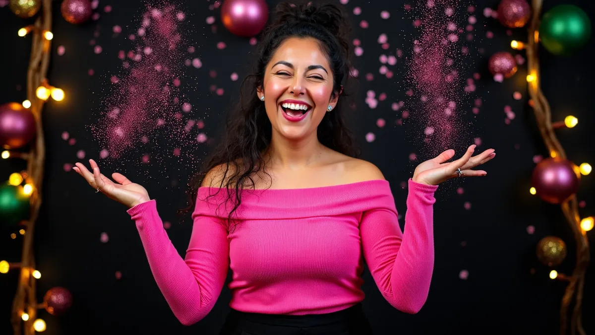 A flat lay of a pink glittery gift box with a mint green ribbon, surrounded by confetti and a Black Friday tag. The background is a soft blush pink, and the scene feels festive, bold, and feminine, evoking excitement for a special deal.