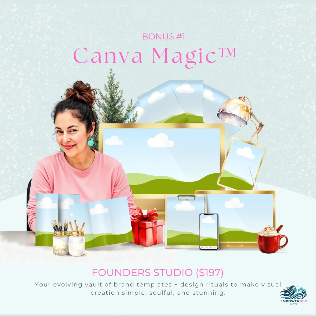 A smiling group of diverse women collaborating around a table with laptops, pink and mint accents, joyful and energetic vibe.