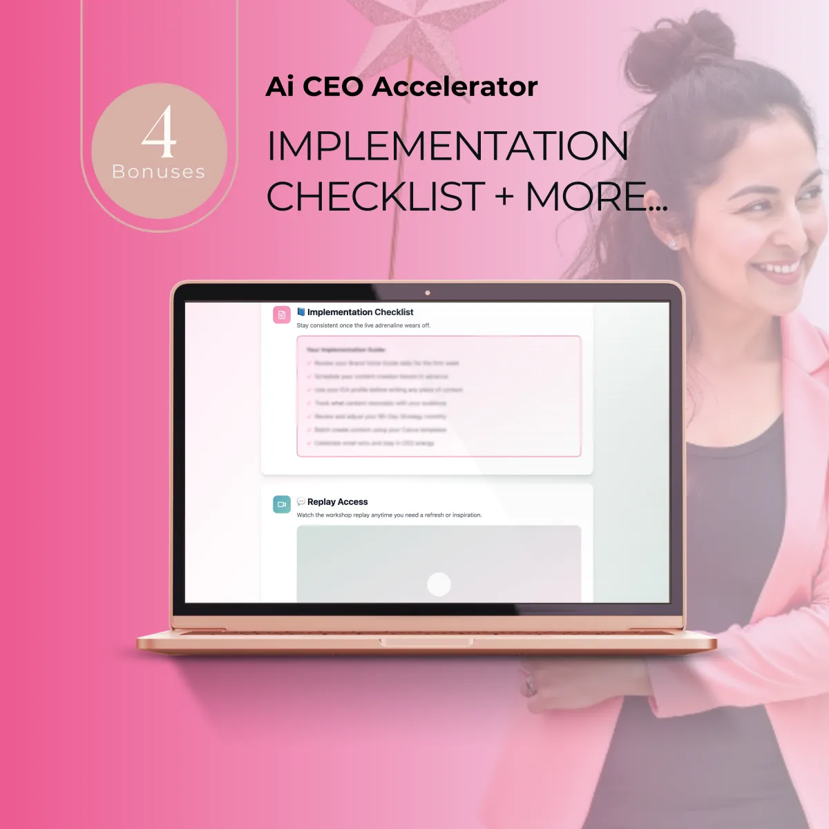 A smiling group of diverse women collaborating around a table with laptops, pink and mint accents, joyful and energetic vibe.