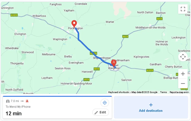 map showing 12 minute journey from pocklington to mend my iphone, market weighton