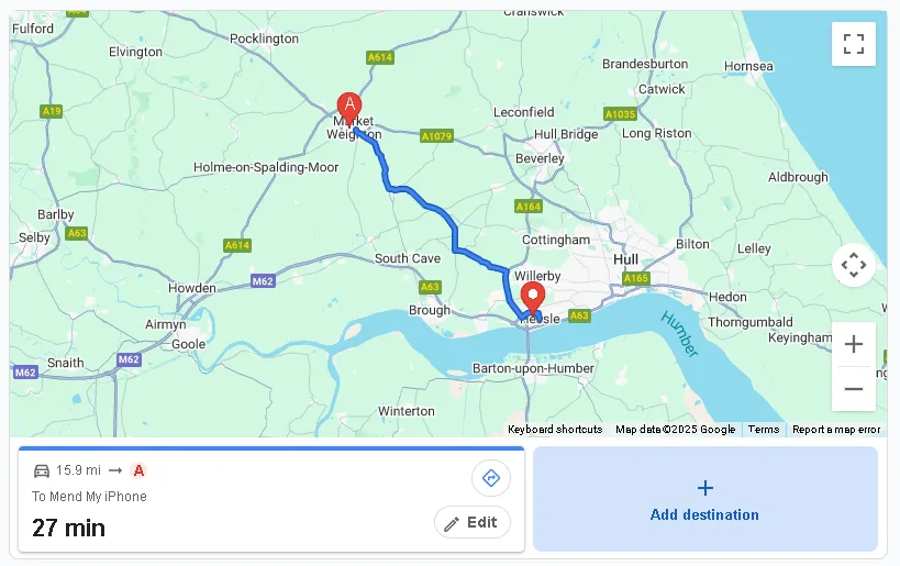 map showing hessle to hull just off A1079 taking 27 minutes