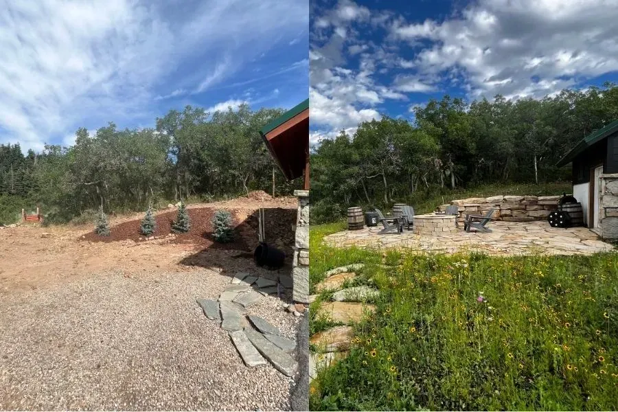 Before and After Back Yard turned to rock fireplace and Patio with natural Utah landscape