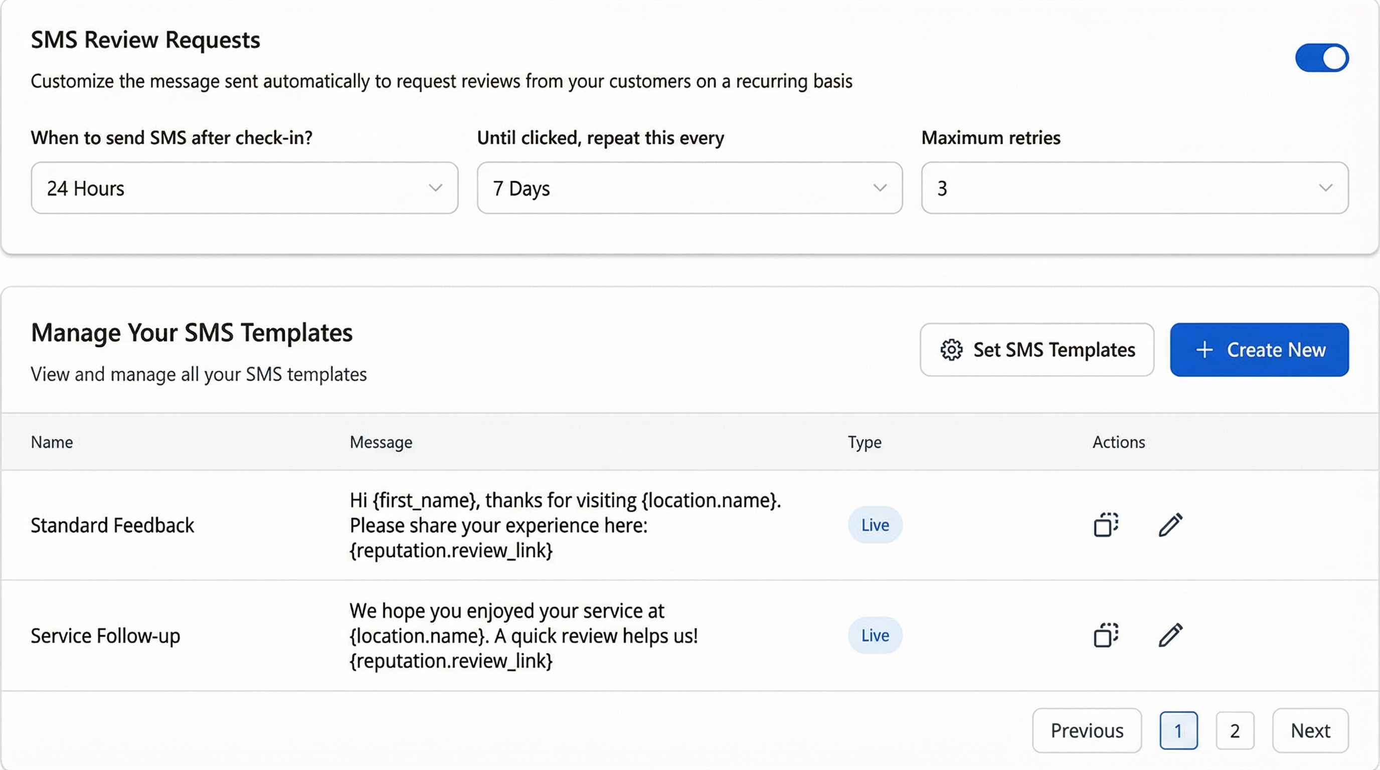 SMS review request setup
