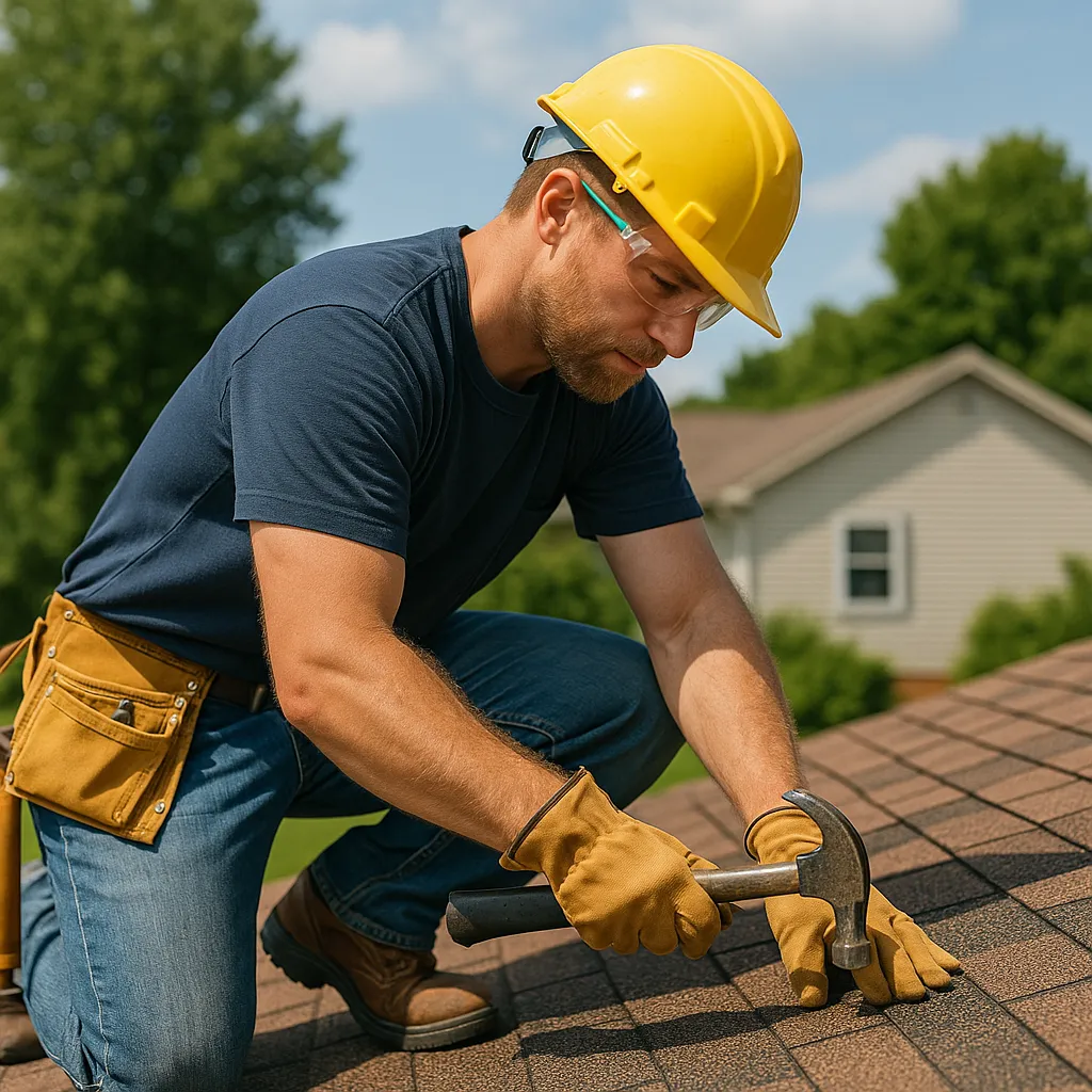 two men working on the roof of a house