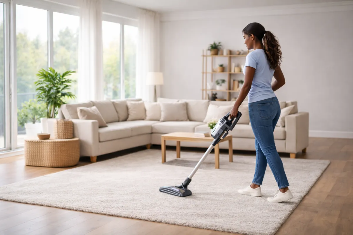 Professional cleaner in a modern kitchen providing premium home cleaning service