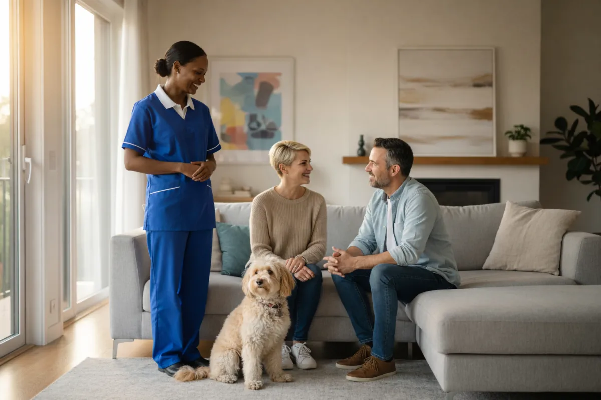 Professional cleaner talking with homeowners and their dog in a modern living room.