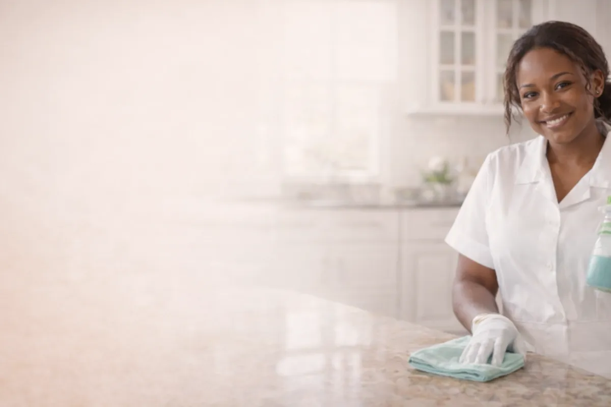 Smiling professional cleaner in a tidy kitchen holding eco-friendly cleaning supplies.