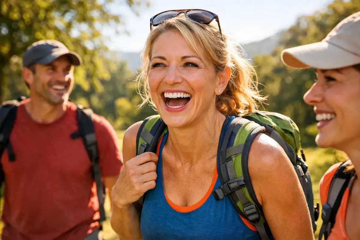 a woman feeling excited and happy after hormone therapy