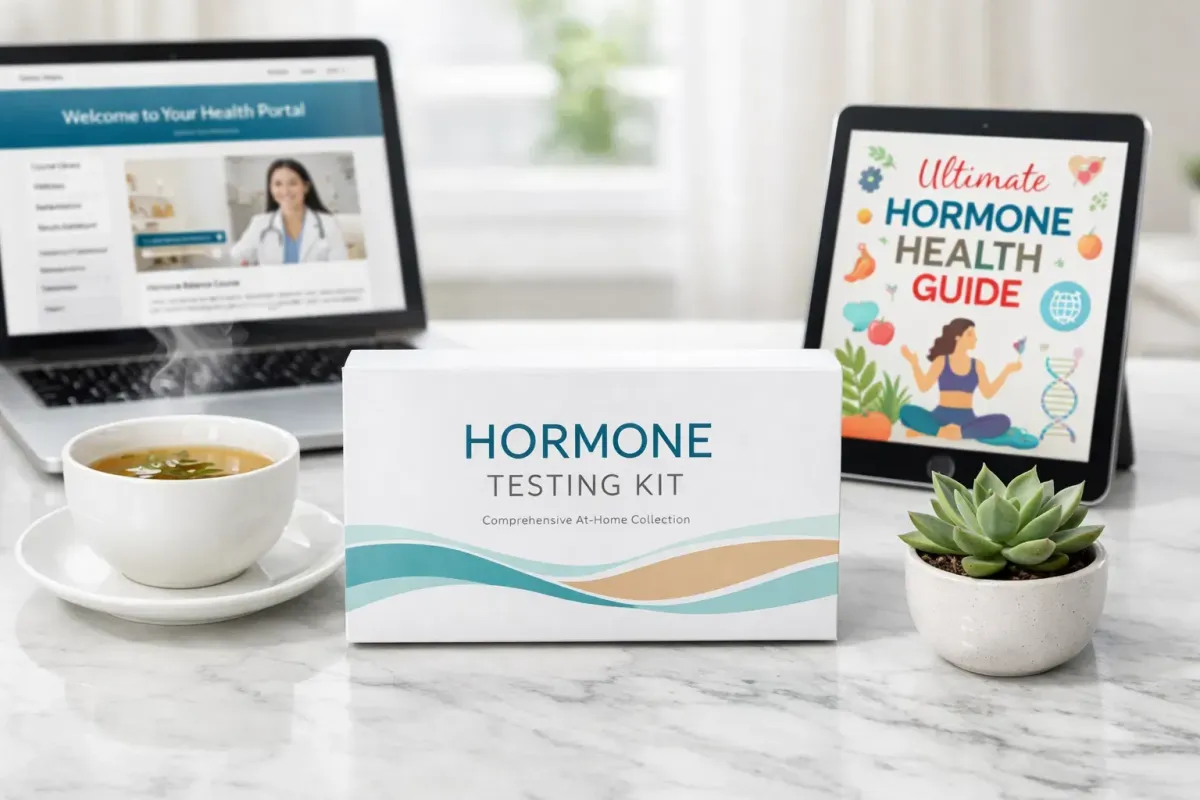 pictue of a up o tea, a hormone test kit on the counter, membership portal on laptop and hormone health guide on a tablet