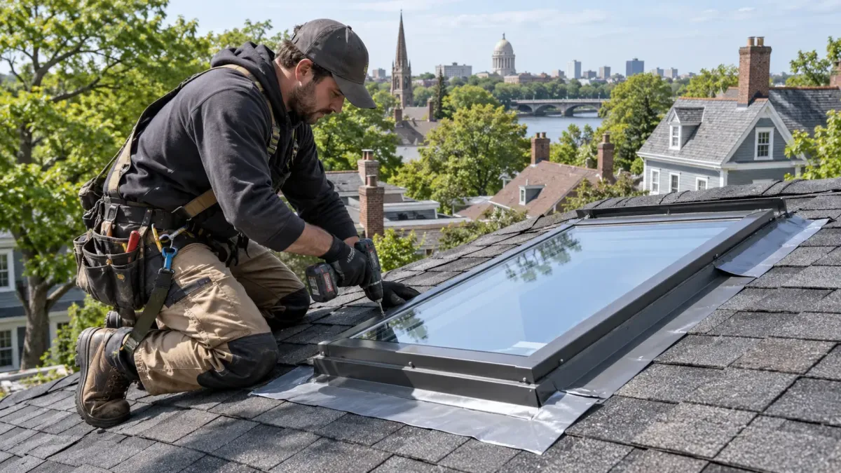New skylight installation on a residential roof in Cambridge, MA
