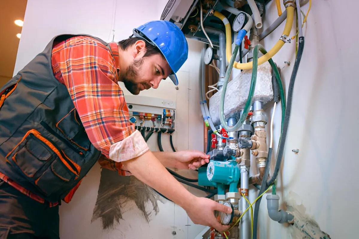 HVAC guy fixing heat pump