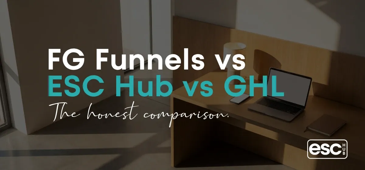 Woman at minimal desk with laptop, FG Funnels vs GoHighLevel vs ESC Hub comparison for coaches