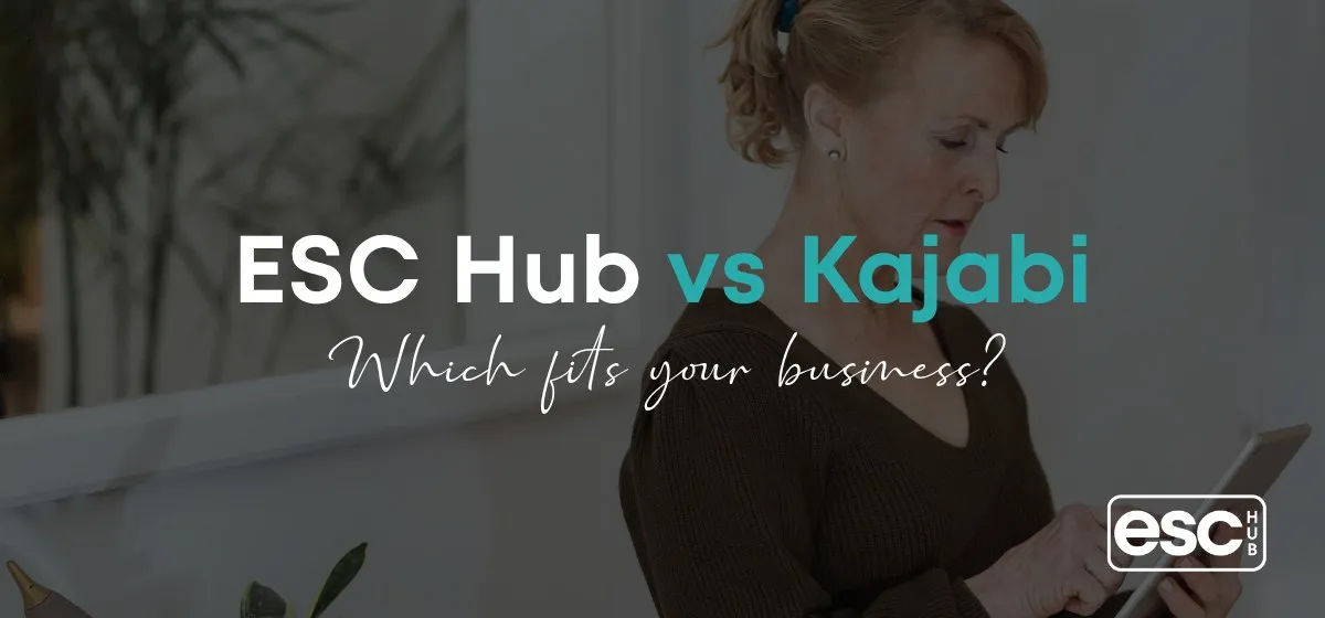 A woman in her fifties stands by a bright window using a tablet, under a dark overlay, with the headline ESC Hub vs Kajabi and the line Which fits your business?