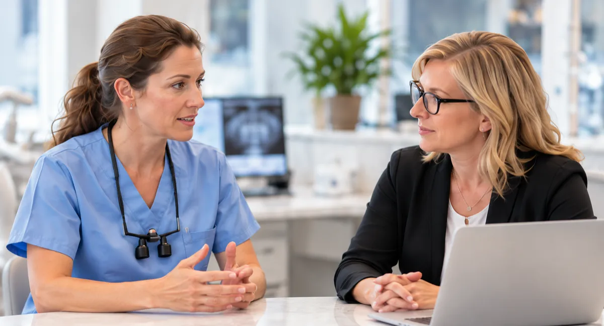 Dental professional and practice coordinator discussing paperwork in a dental office.
