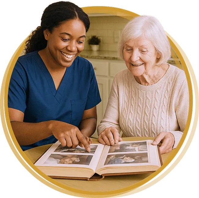 Elderly man with a warm smile in a living room.