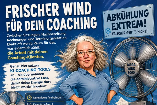 Coach am Schreibtisch mit Zahnrädern und Roboterarmen, die Papierstapel automatisiert ordnen – KI-Coaching-Tools für Admin-Aufgaben