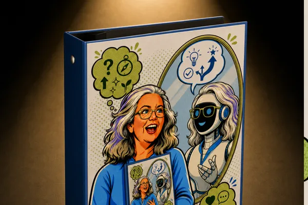 Pop-Art Illustration Frau vor Spiegel mit KI-Avatar - Positionierung finden mit KI