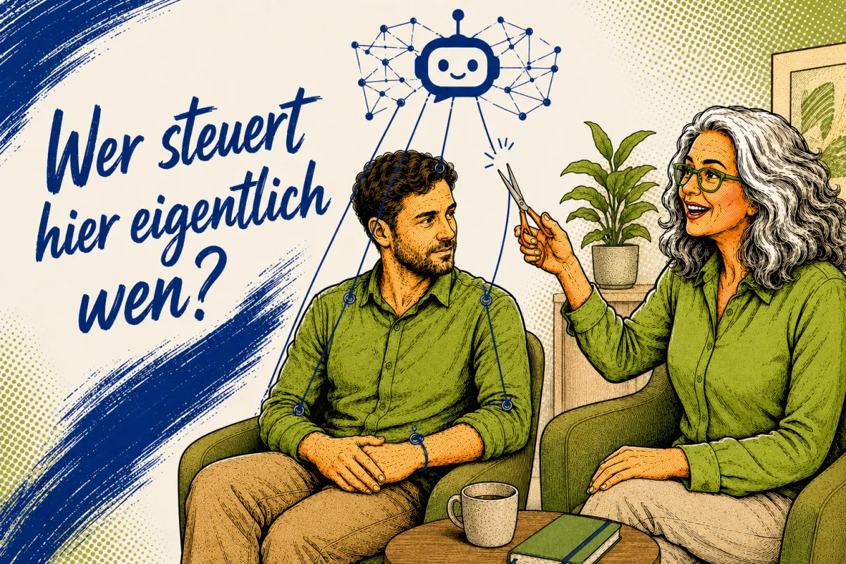 Coach im Pop-Art-Stil zwischen KI und Klient – KI Ethik im Coaching