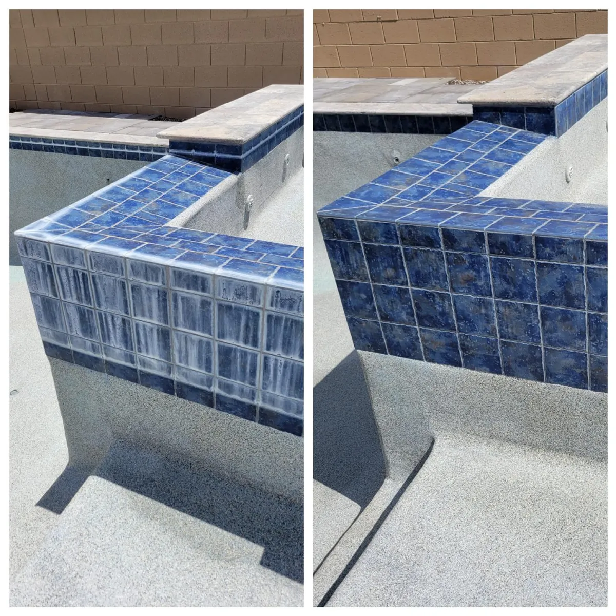 "Side-by-side comparison of pool tile cleaning, showing before and after results with restored shine and spotless surfaces."