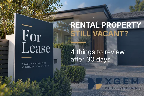 Modern rental property with a prominent “For Lease” sign in the foreground and XGEM Property Management branding, surrounded by landscaped greenery.