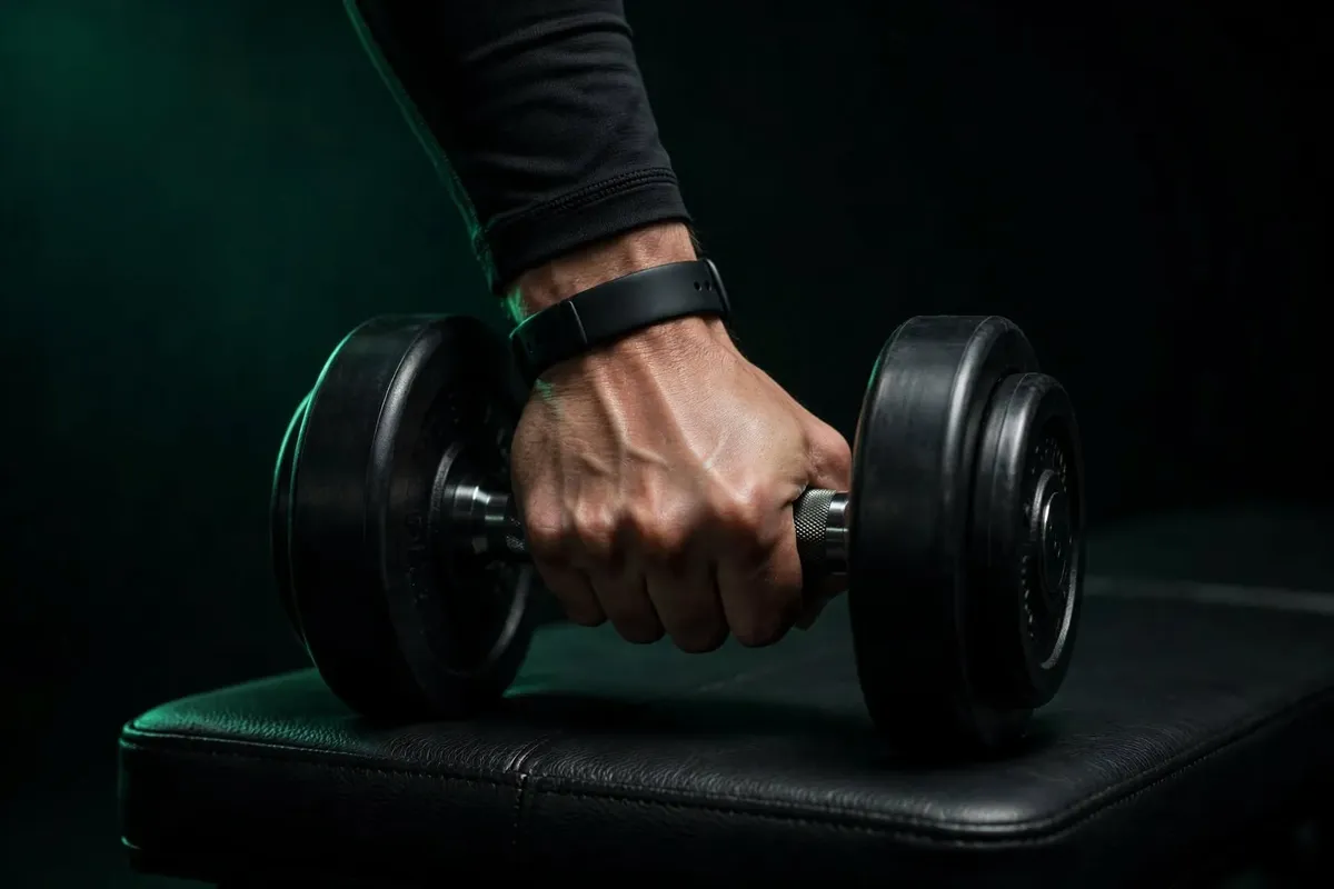 Close-up of strength training with a dumbbell.