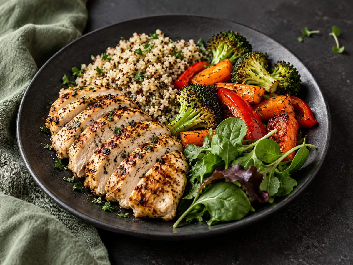 Grilled chicken, quinoa, roasted vegetables and leafy greens on a charcoal plate.