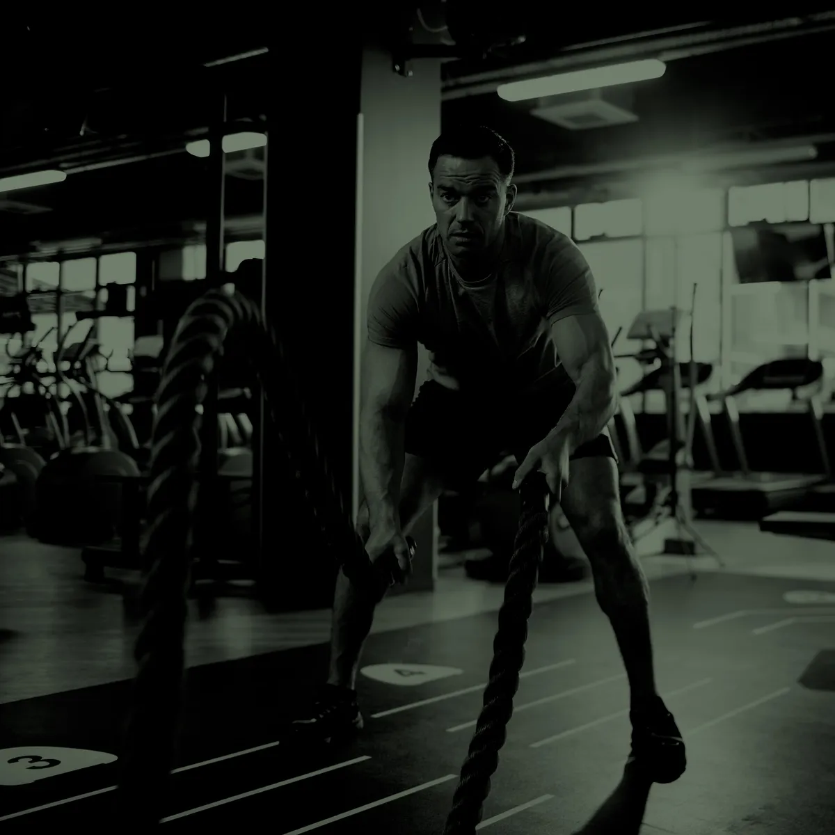 Athlete training with battle ropes in a gym