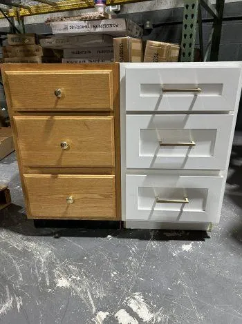 Cabinet Refacing on 3 Drawer Before and After - Oak to White ace and Hardware Changed