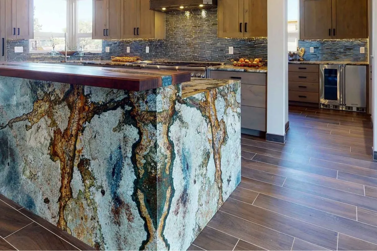 Granite Waterfall Countertop with Blue and Green Color