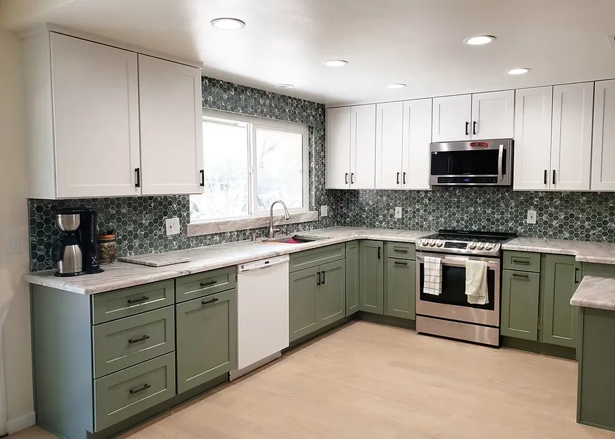 Green Counter Cabinets  and White Wall Cabinet by Sandi Cabinets