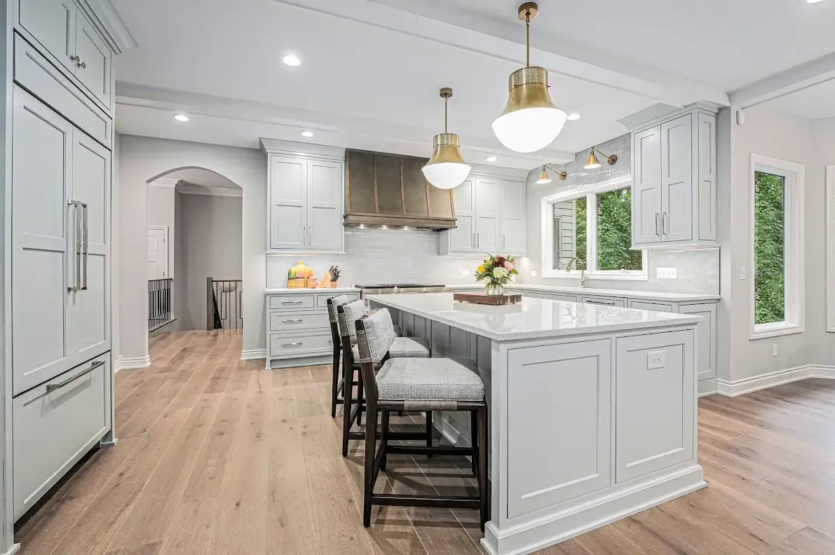 natural stone kitchen island countertop with white cabinets