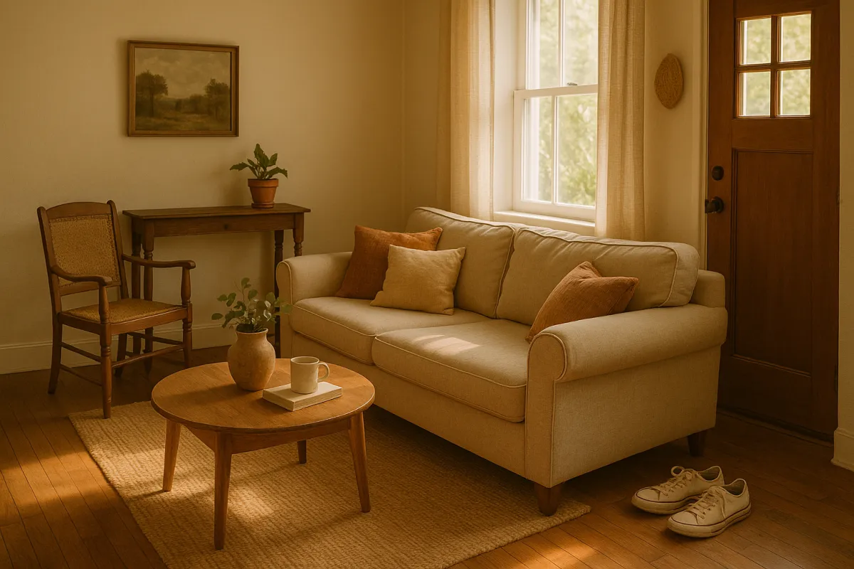 a living room filled with furniture and a kitchen