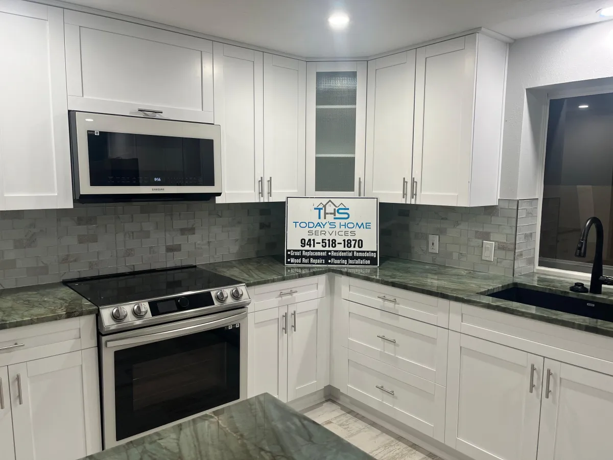 brown kitchen cabinet with kitchen island