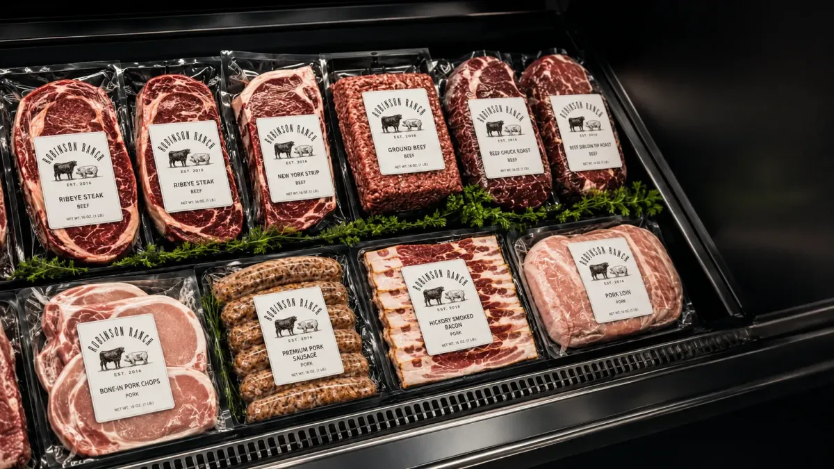 Robinson Ranch branded beef and pork packages displayed in a refrigerated retail case for Ohio wholesale and retail partners.