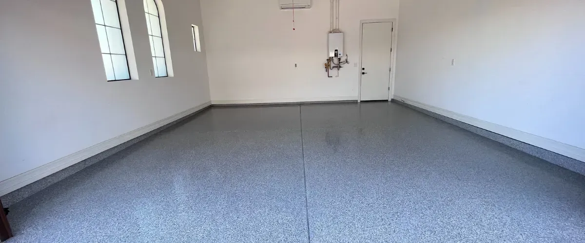 Garage with epoxy floor and elevated step platform