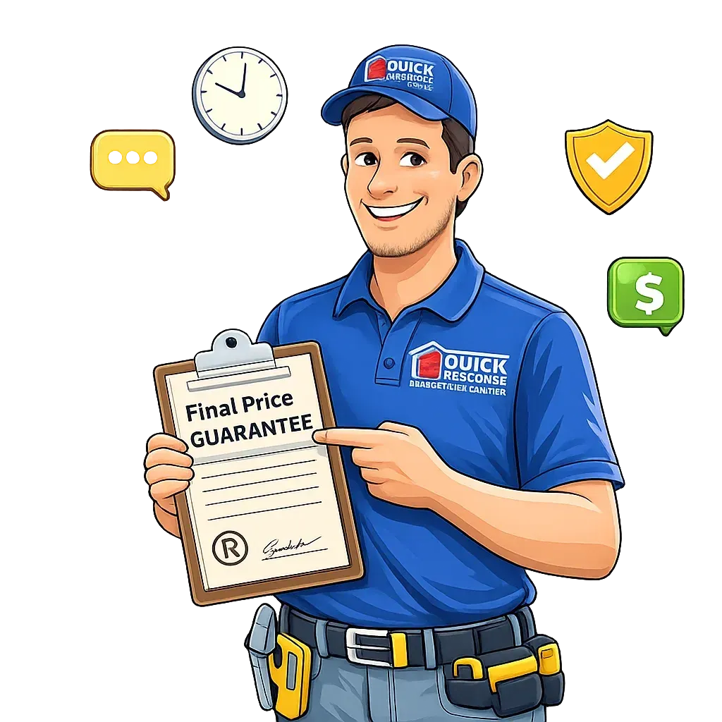 A smiling technician in a blue uniform points to a clipboard with 'Final Price Guarantee' surrounded by floating icons: chat, clock, shield, and dollar sign.
